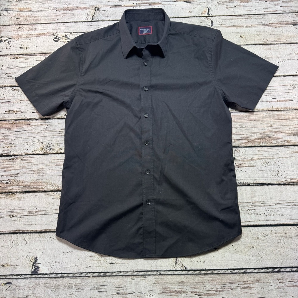 Untuckit Mens Medium Solid Black Button Up Coufran Slim Fit Short Sleeve Shirt